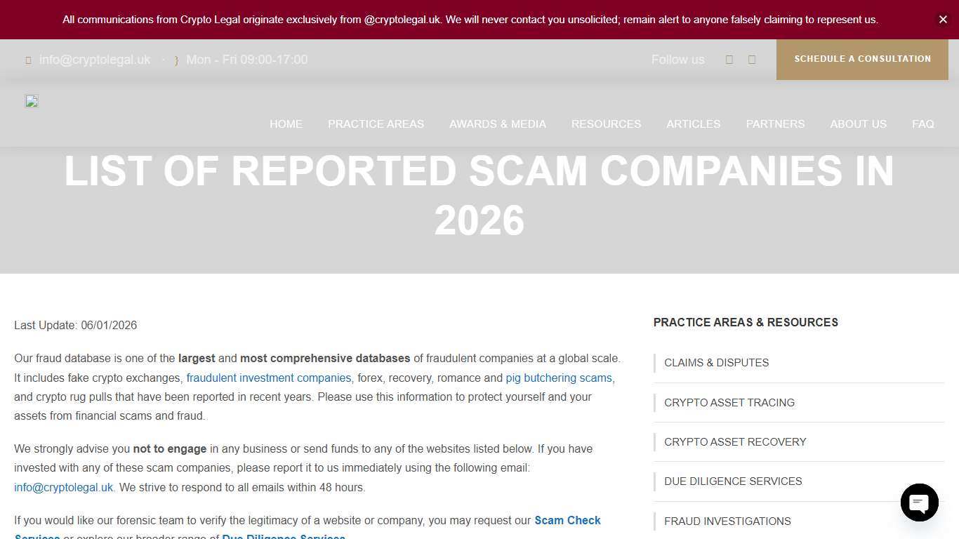 LIST OF REPORTED SCAM COMPANIES IN 2026 - Crypto Legal